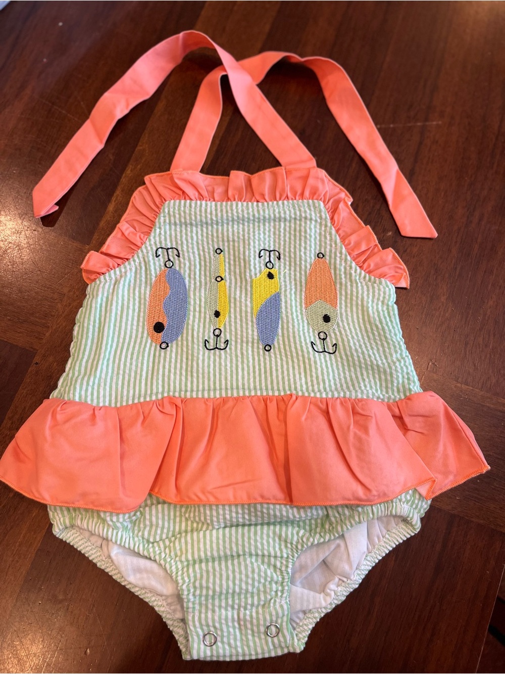 Coral-Trim Girls' Seersucker One-Piece Swimsuit with Fish Motif